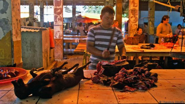 Sepanjang pasar, tukang jagal membelah tubuh anjing lainnya