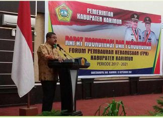 Forum Pembauran Kebangsaan (FPK) Kabupaten Karimun periode 2017-2021, dalam pengukuhan dan rapat koordinasi FPK di Gedung Nasional, Rabu (13/9).