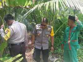 Sejumlah petugas dari Polsek Kundur, beserta masyarakat dan Kepala Desa Setempat, saat mencari bukti-bukti lain yang diduga tempat persembunyian pelaku, Selasa (25/09/18).