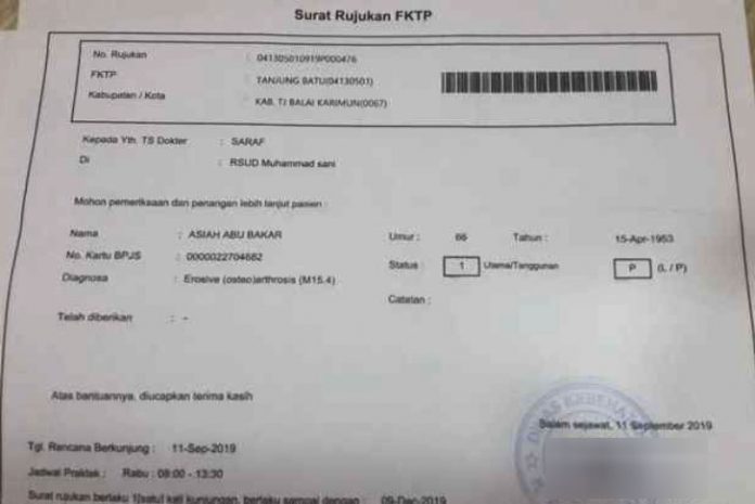 Surat rujukan dari Puskesmas Tanjungbatu.