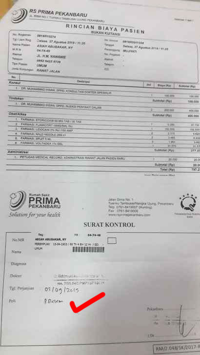 Surat rujukan dari Rumah Sakit Prima Pekanbaru untuk ke poli penyakit dalam.