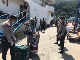 Penyemprotan disinfektan dan pengecekan suhu tubuh terhadap penumpang KM Sabuk Nusantara