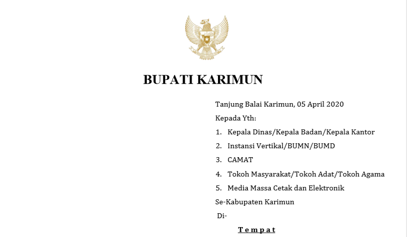 Bupati Karimun Terbitkan Surat Edaran Larangan Mudik