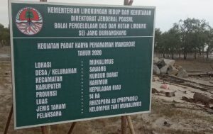 Papan plank program penanaman mangrove, pantai Mukalimus, Kundur Barat