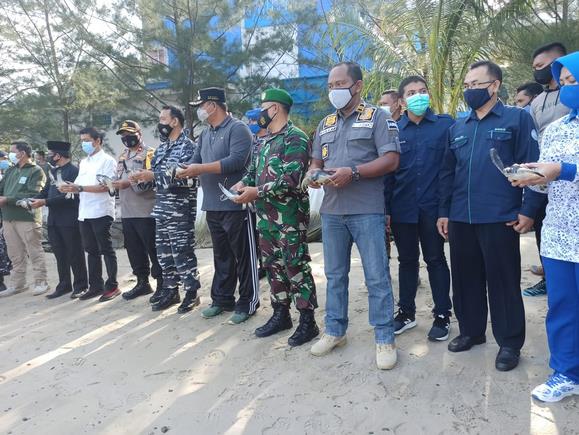 Lanal Tarempa Melepas Anak Penyu Dalam Kegiatan Pelestarian Satwa Laut