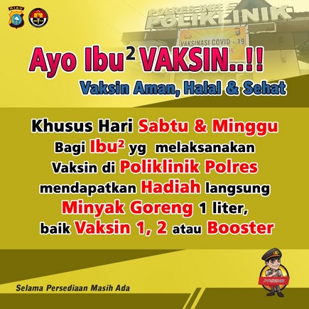 Mau Minyak Goreng Gratis, Buruan Vaksin di Klinik Polres Inhil Hari Sabtu-Minggu Mau Minyak Goreng Gratis, Buruan Vaksin di Klinik Polres Inhil Hari Sabtu-Minggu