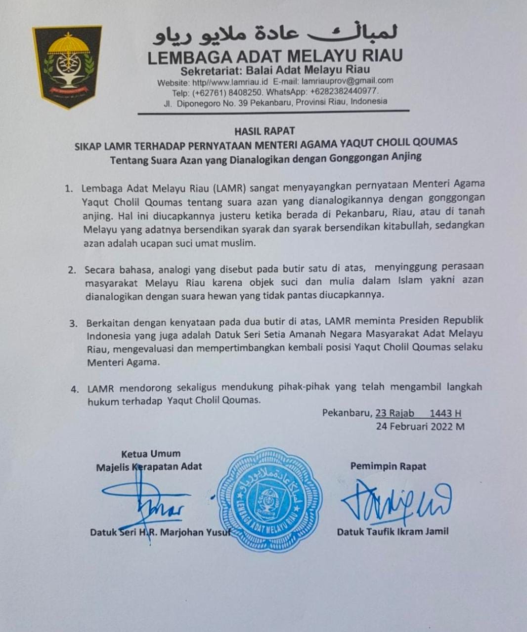 Menganalogikan Azan dengan Gonggongan Anjing, Lembaga Adat Melayu Riau (LAMR) Minta Presiden RI Pertimbangkan Posisi Yaqut Cholil Qoumas Selaku Menteri Agama