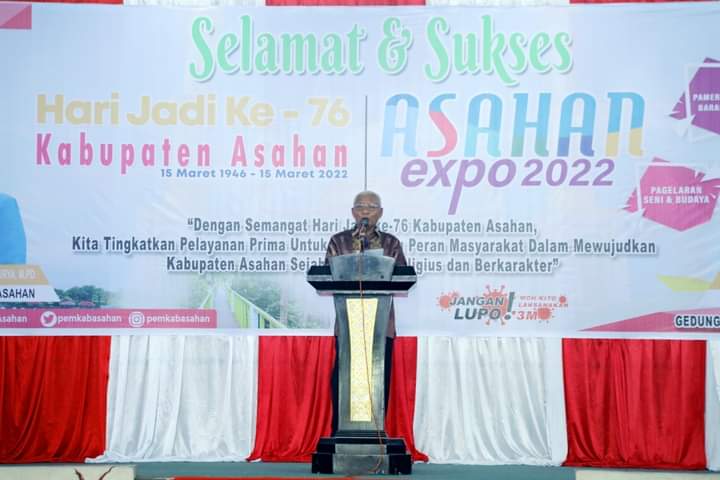 Bupati Asahan menyampaikan arahan dan bimbingan nya pada Pagelaran Asahan Expo Hari Jadi Kabupaten Asahan Ke 76