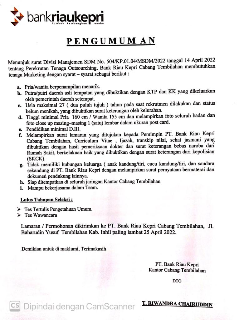 PT Bank Riau Kepri Cabang Tembilahan Buka Lowongan Tahun 2022 PT Bank Riau Kepri Cabang Tembilahan Buka Lowongan Tahun 2022