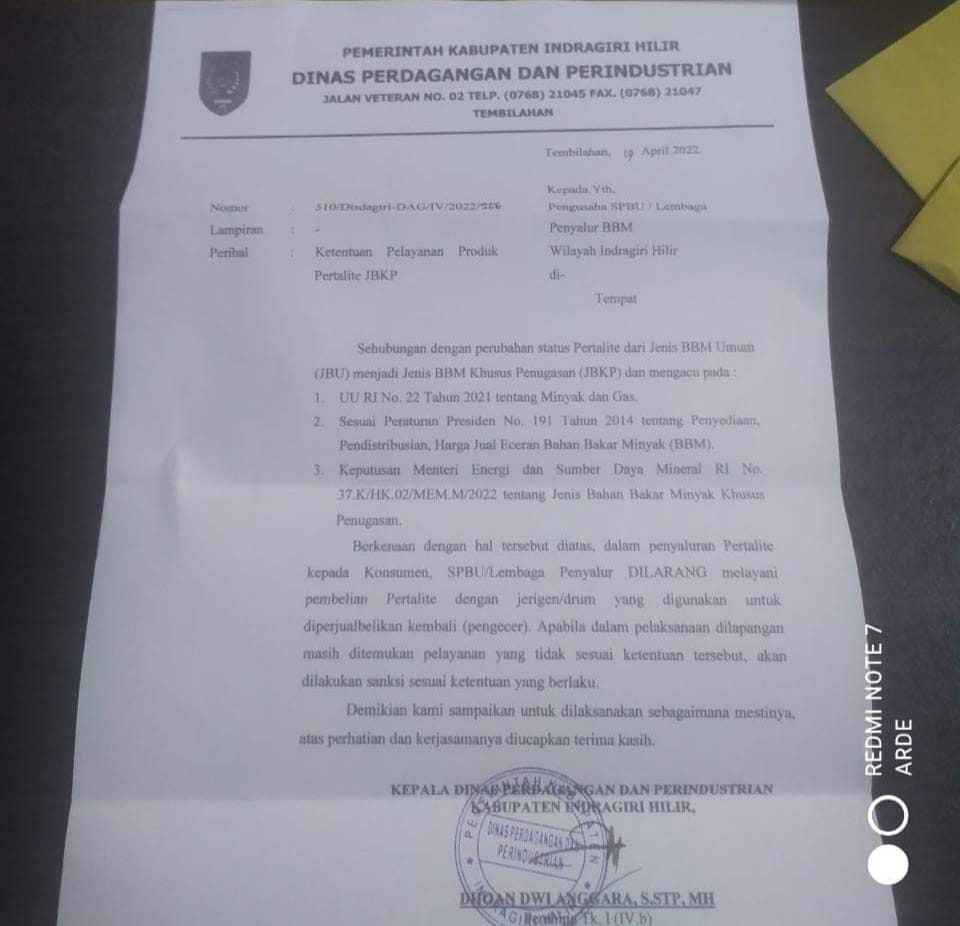 Beredar Surat Terbaru dari Disdagri Inhil Larangan SPBU Layani Dirigen