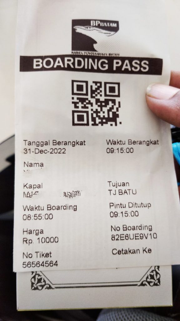 Boarding pass yang dikeluarkan salahsatu agen tiket di Sekupang Batam