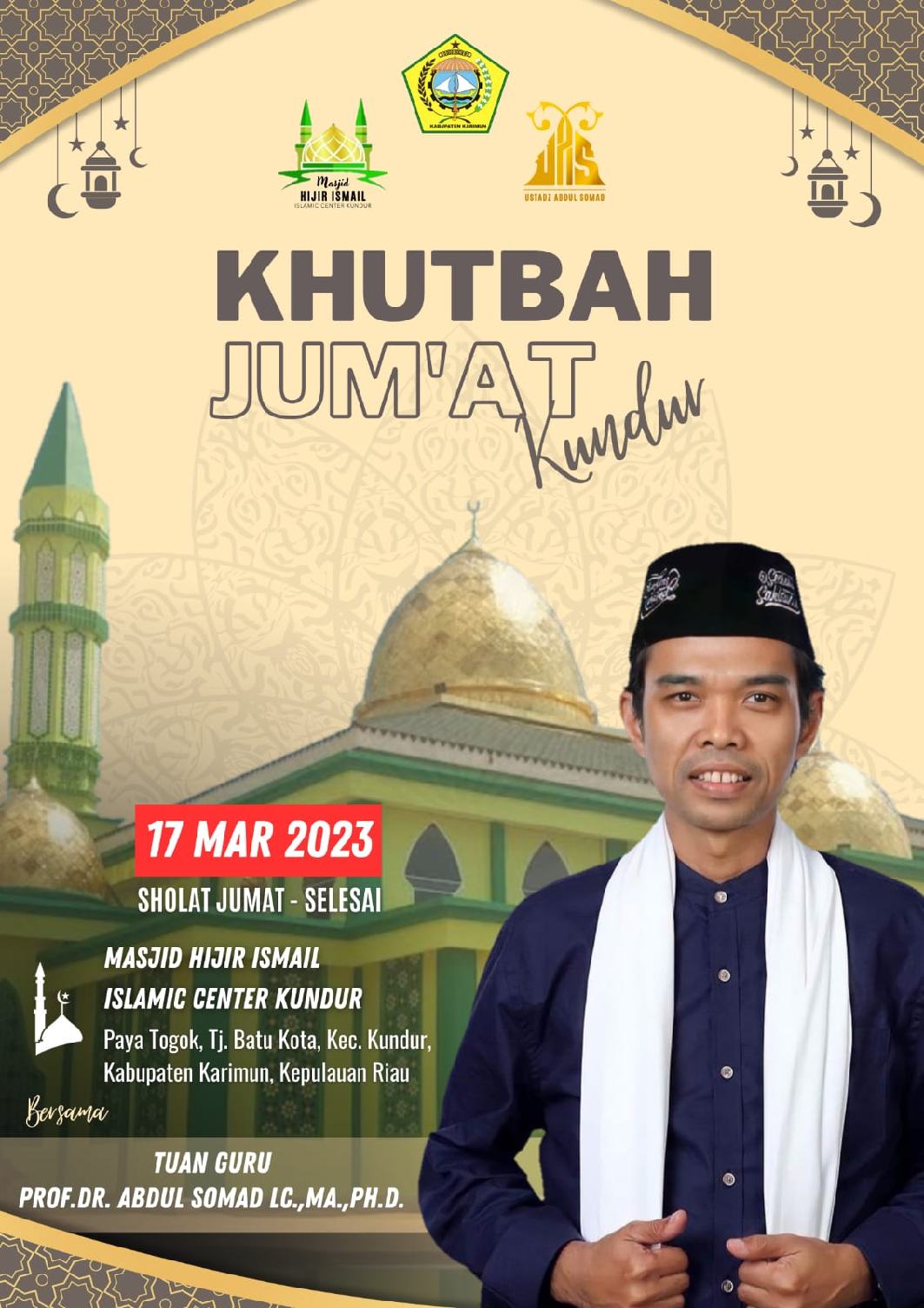 Ustad Abdul Somad (UAS), Besok Ke Kundur Solat Jumat Bersama di Masjid Hijr Ismail Islamic Centre