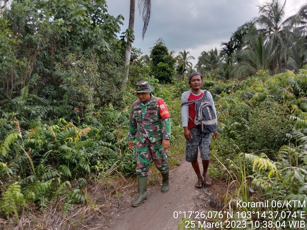 Babinsa Desa Tunggal Rahayu Jaya Praka Riski Laksanakan Patroli dan Sosialisasi Karhutla 