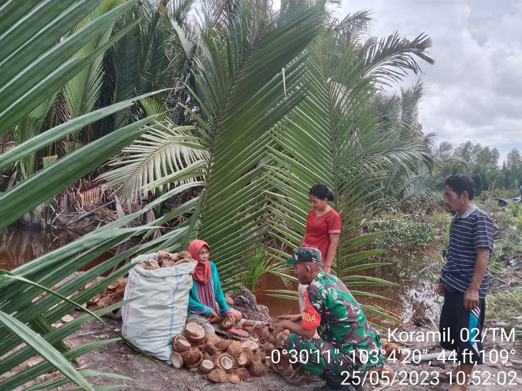 Babinsa Serda Oki Sandra Giat Komsos dengan Para Petani Kelapa di Desa Sungai Rukam 