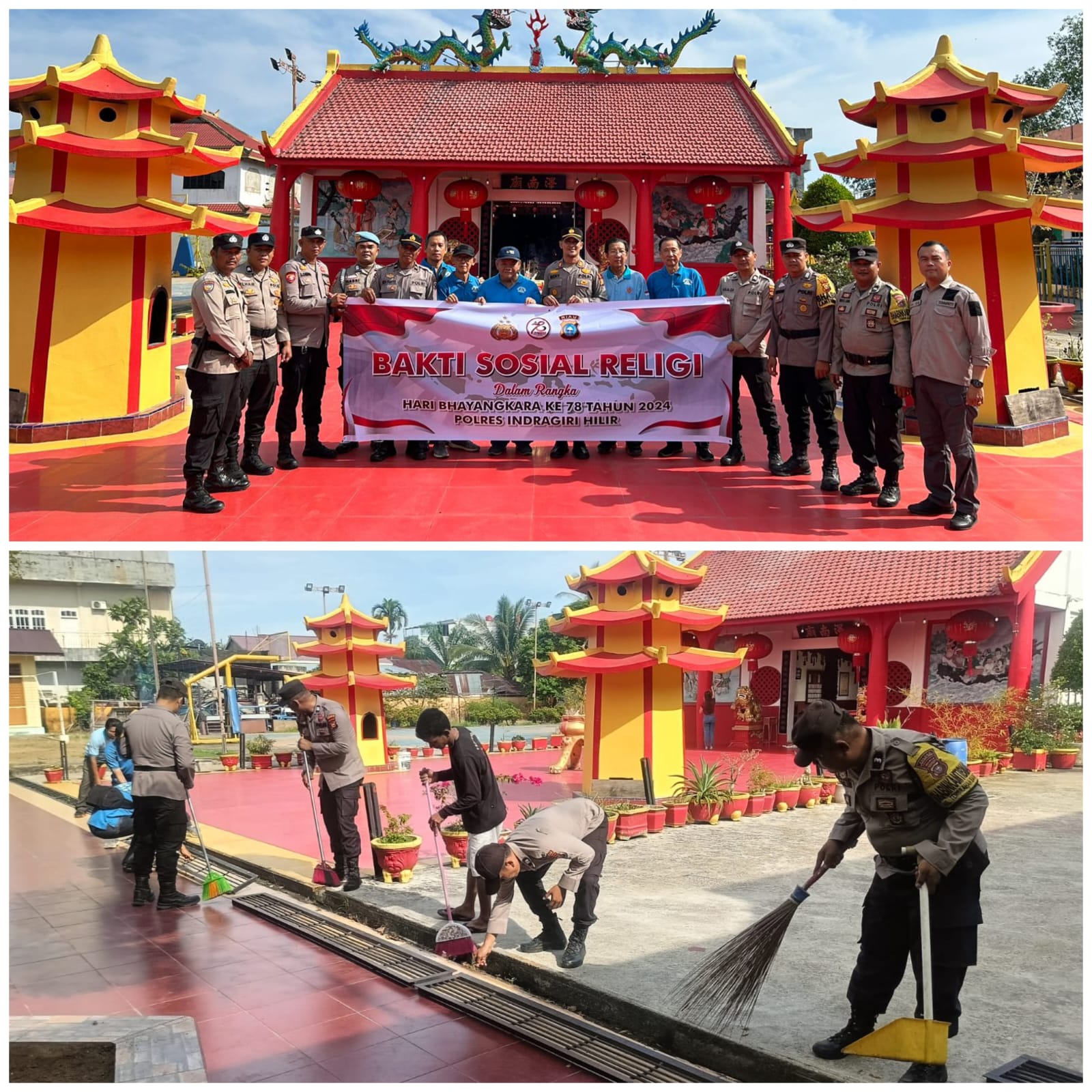 Sambut Hari Bhayangkara, Polsek Tembilahan Hulu Lakukan Gotong-royong di Vihara Budi Bakhti