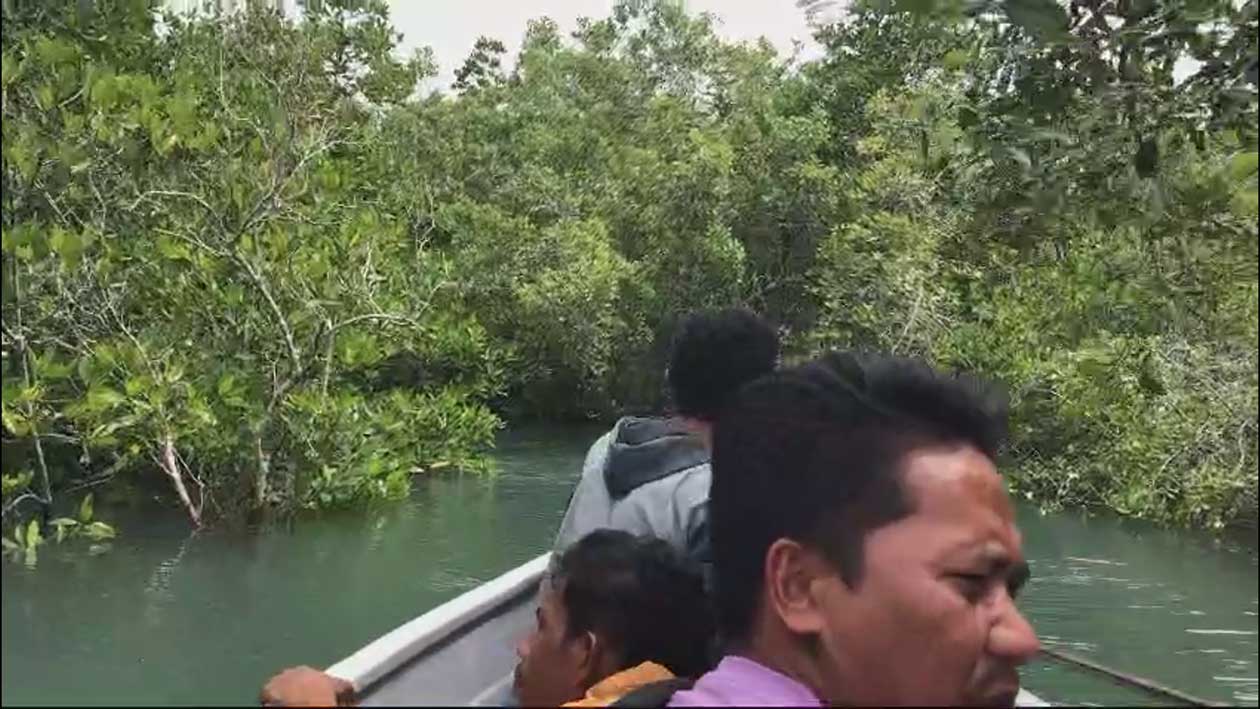 Salahsatu tokoh Pemuda Sugie, Pian, bersama sejumlah warga saat survey lokasi hutan mangrove di Desa Sugie
